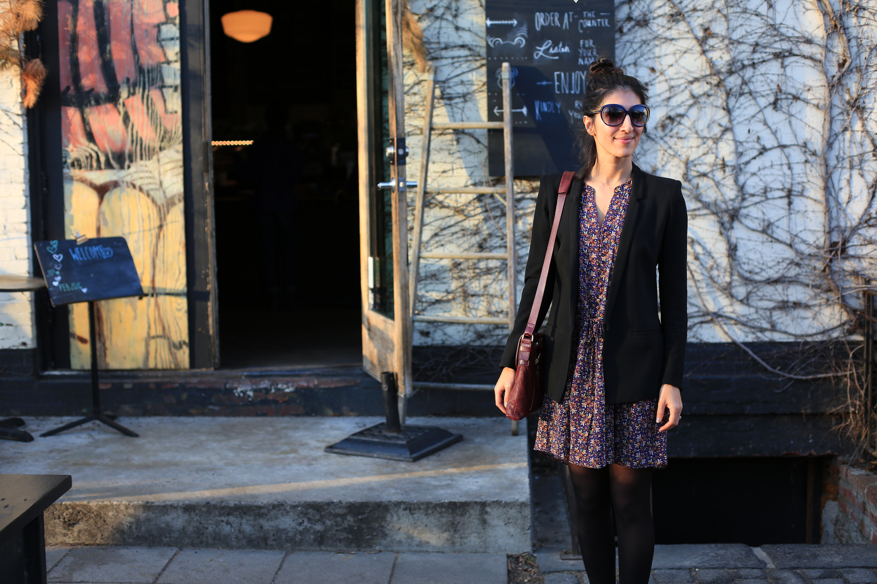 Overjoyed to wear light layers like this silk printed Joie dress from ShopBop and Helmut Lang tux blazer! Find similar printed dresses and blazers on sale right now linked below!