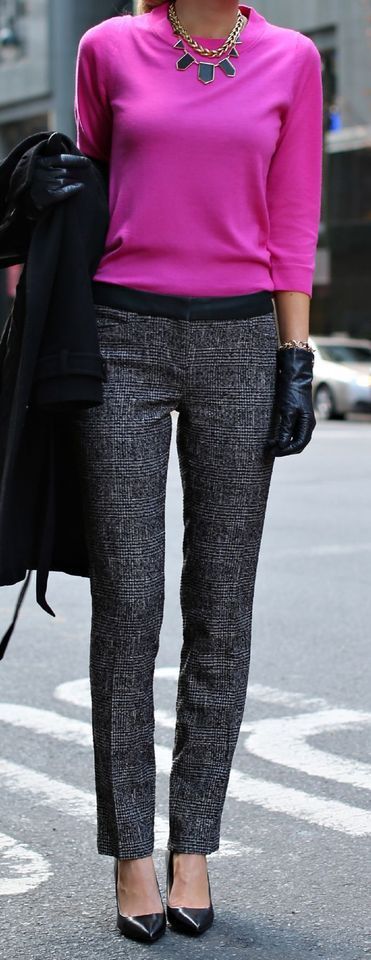 One of my favorite looks for transitioning from winter to spring - mixing rich textures like tweed with a pop of color like this bright fuchsia sweater!