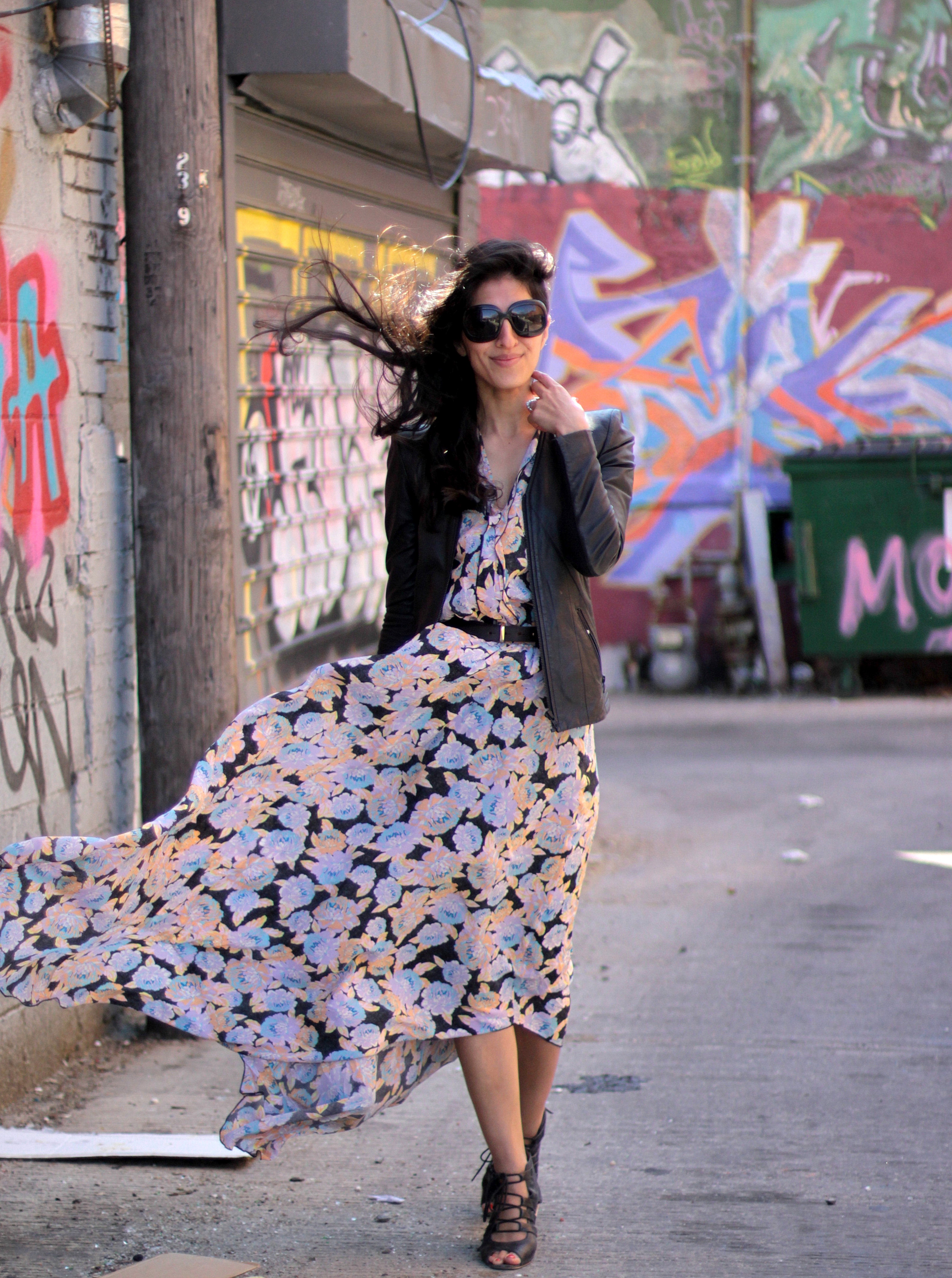 Without my trusty leather blazer jacket from Nordstrom, I would’ve been frozen in my lovely Ella Moss kimono-sleeve silk floral maxi dress! But the dark leather tempers the soft and sweet pastel shades, making it the perfect way to transition paler color palettes and floral prints into spring! 