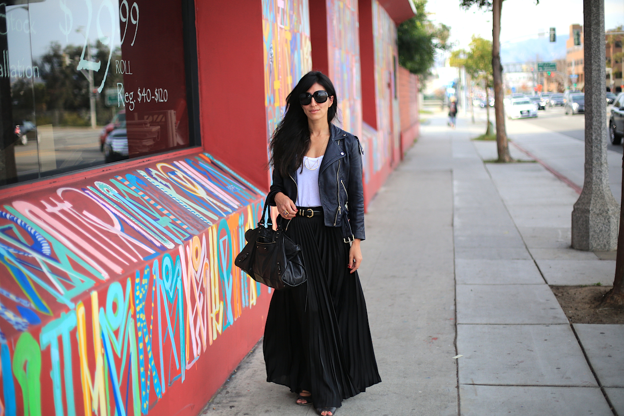 You can make any girly outfit like a maxi skirt instantly cool by adding a leather moto. For black maxis, I like to soften the look a little with a slightly lighter leather like this navy jacket from Massimo Dutti