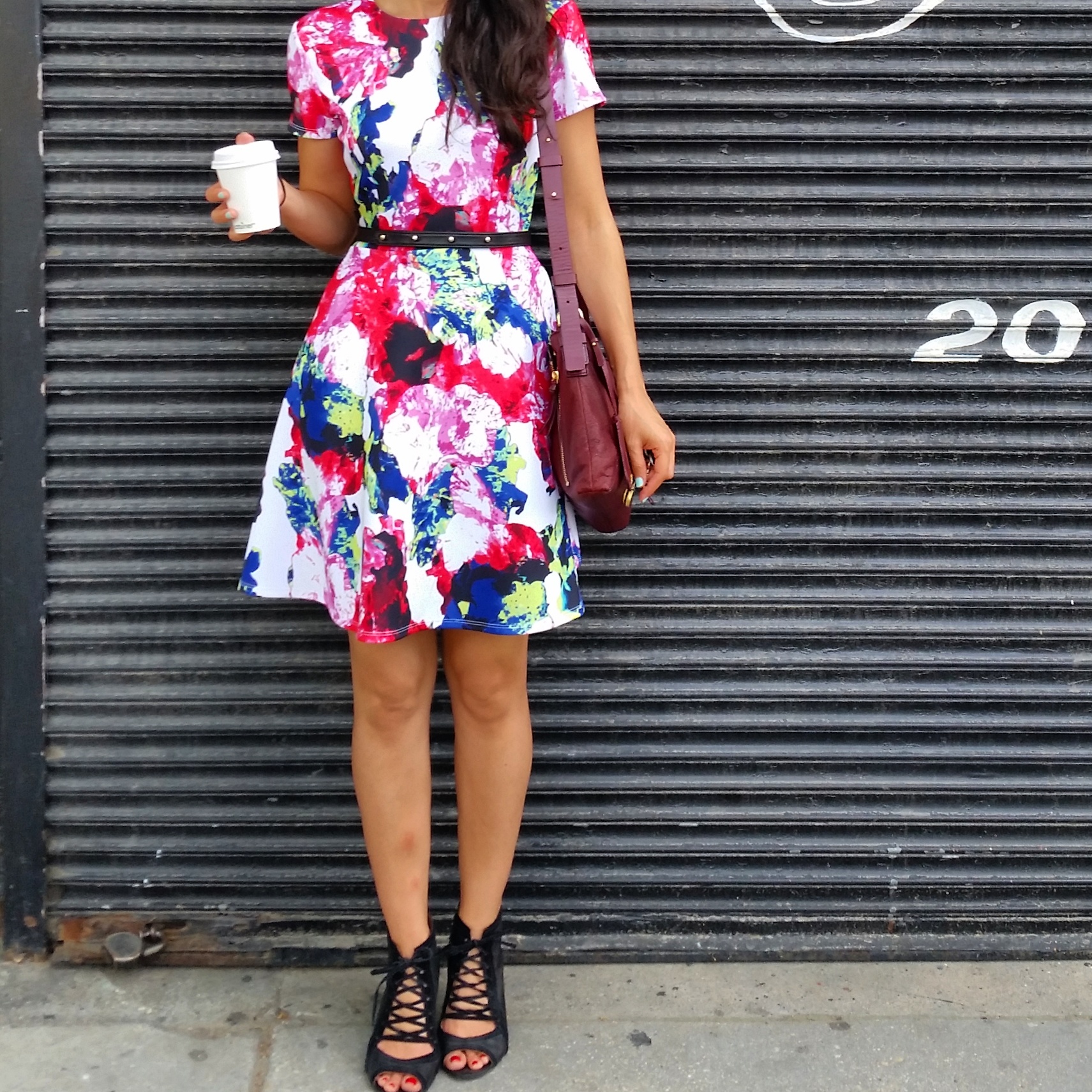 You can pair these scuba fit-and-flare floral dresses with tights until it warms up enough to wear them sans layers! I always like off-setting anything too feminine like this girly dress with a little rock'n'roll chic like this studded leather belt and suede strappy wedges.