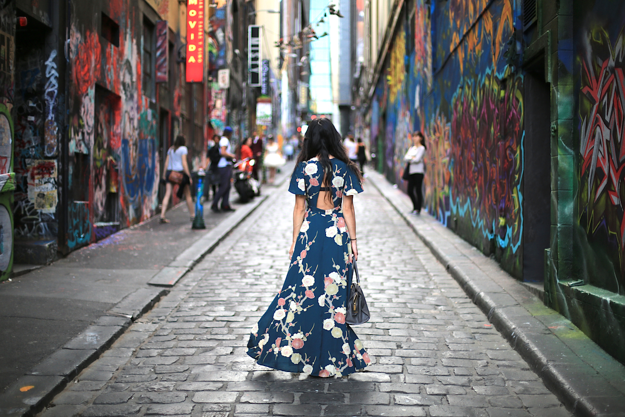 Cinched waist + open back reveals the more flattering form in my figure while the full flowy skirt effectively hides my winter thighs :) |  Hosier Lane - Melbourne, Australia