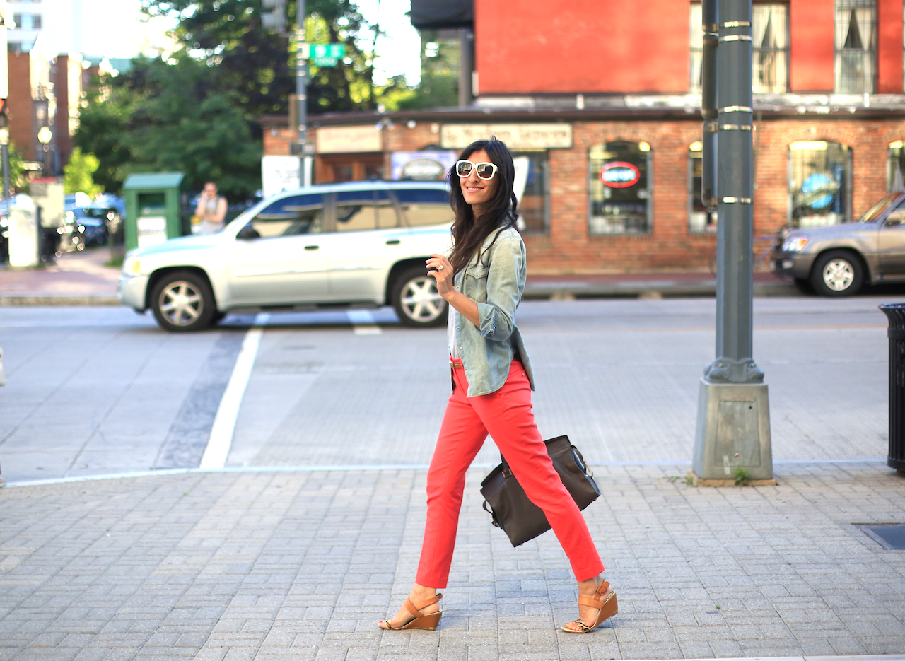 red pants walking outfit