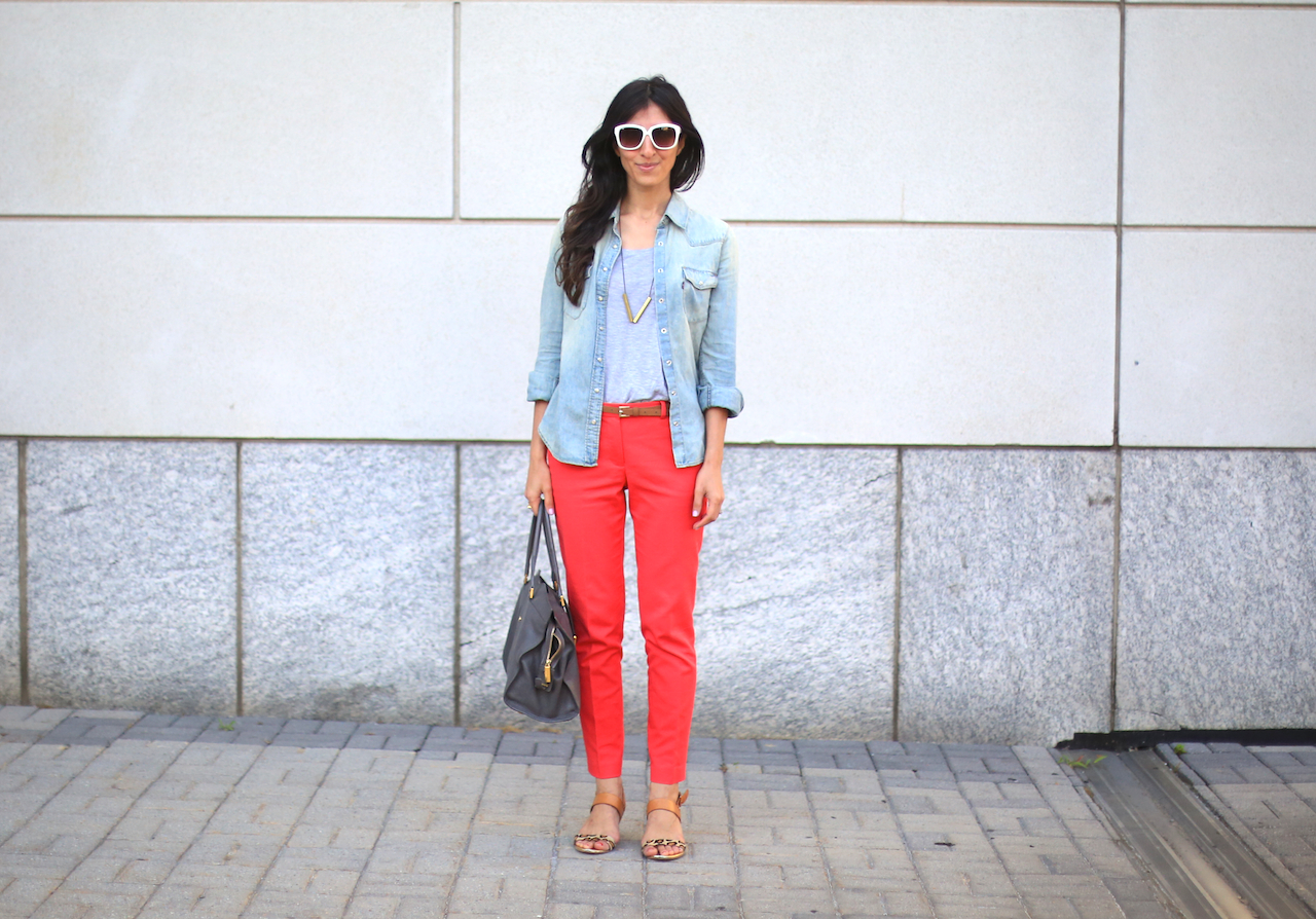 red zara pants chambray shirt white wall