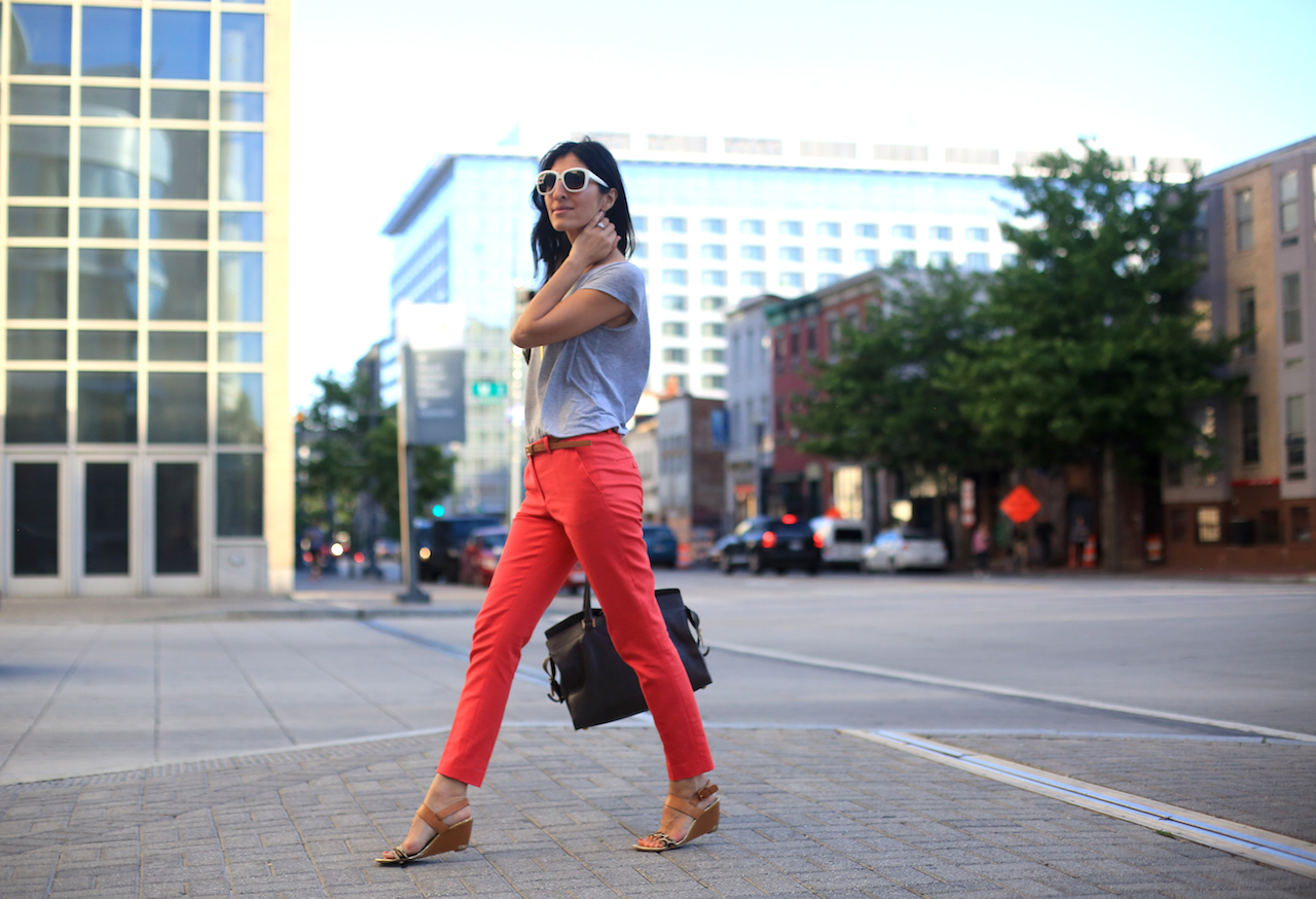 red zara pants grey tee