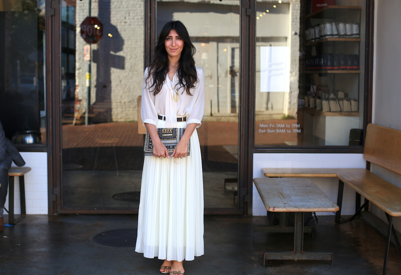 white pleated maxi skirt and blouse